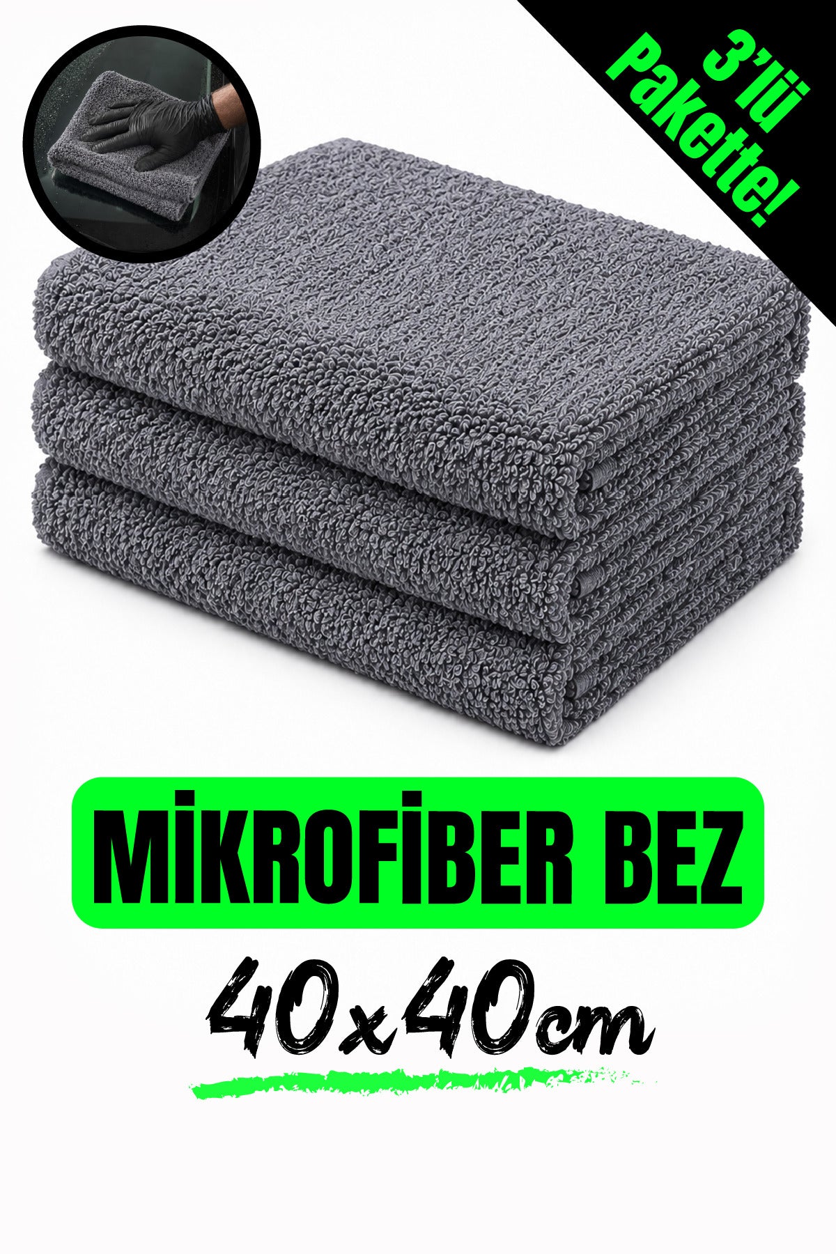 AutoFresh 3 Adet Mikrofiber Bez Seti Araç Yıkama Temizlik Bezi 40x40 cm