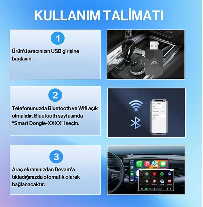 ALLY Kablosuz Car Play Adaptörü Apple Ve Android Cihazlar Için, Wireless Carplay Çevirici, SİYAH|B0GKGVXYCV