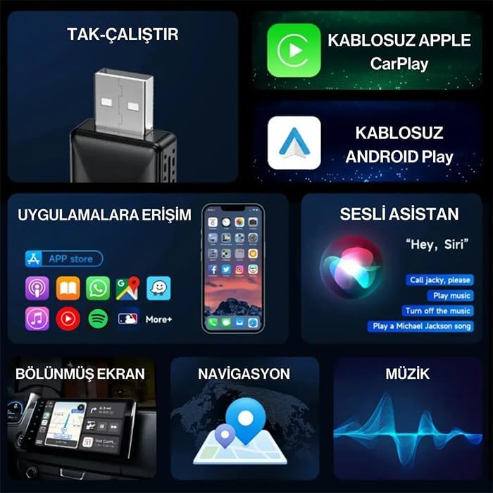 ALLY Kablosuz Car Play Adaptörü Apple Ve Android Cihazlar Için, Wireless Carplay Çevirici, SİYAH|B0GKGVXYCV