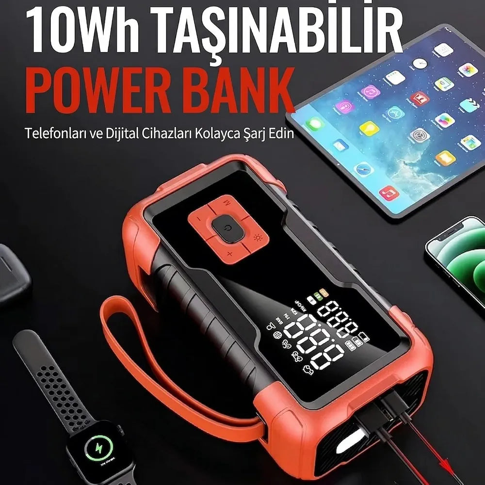 5 i 1 Arada Şarjlı Akü Takviye Cihazı Auhma Powerbank Özellikli Acil Durum Ateşleyici + Kompresör