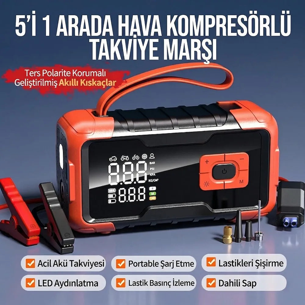 5 i 1 Arada Şarjlı Akü Takviye Cihazı Auhma Powerbank Özellikli Acil Durum Ateşleyici + Kompresör