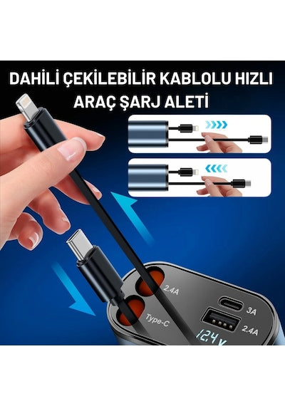 Embatech 66wdahili Kablolutype-C+Lightning Hızlı Çakmaklık Araç Şarj Cihazı