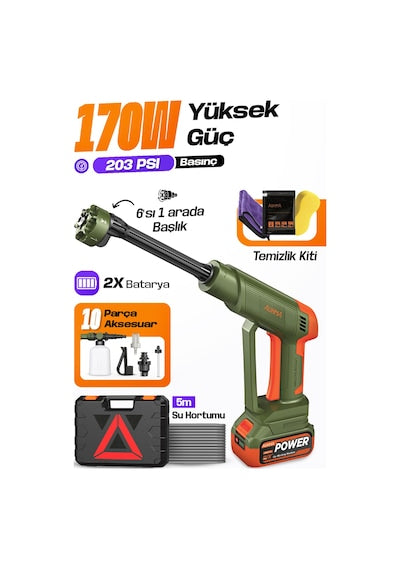 Auhma Acr-10 Şarjlı Araç Yıkama Makinesi Yeşil 203 Psı 170w Basınçlı Oto Yıkama Seti 3820 Fırçasız